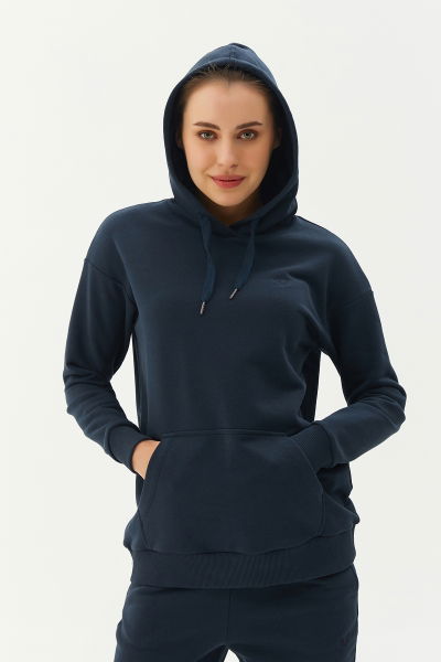 Kadın Lacivert Kapüşonlu Kanguru Cepli Pamuklu Spor Düz Sweatshirt | 8785 