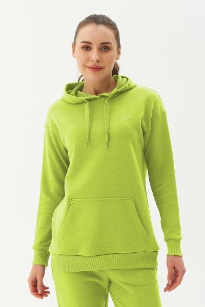 Kadın Yeşil Kapüşonlu Kanguru Cepli Pamuklu Sweatshirt 8785
