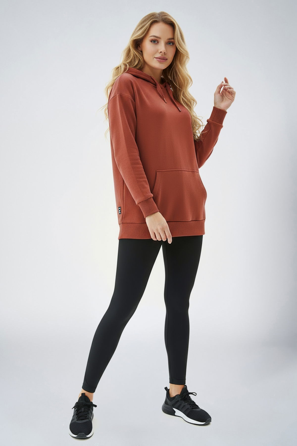 Kadın Kiremit Kapüşonlu Kanguru Cepli Pamuklu Spor Düz Sweatshirt | 8785 - BİLCEE