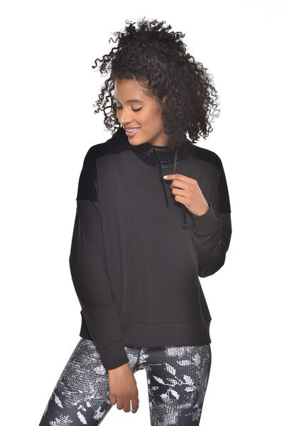 Kadın Siyah Kapüşonlu Kadife Şeritli Pamuklu Sweatshirt 9088