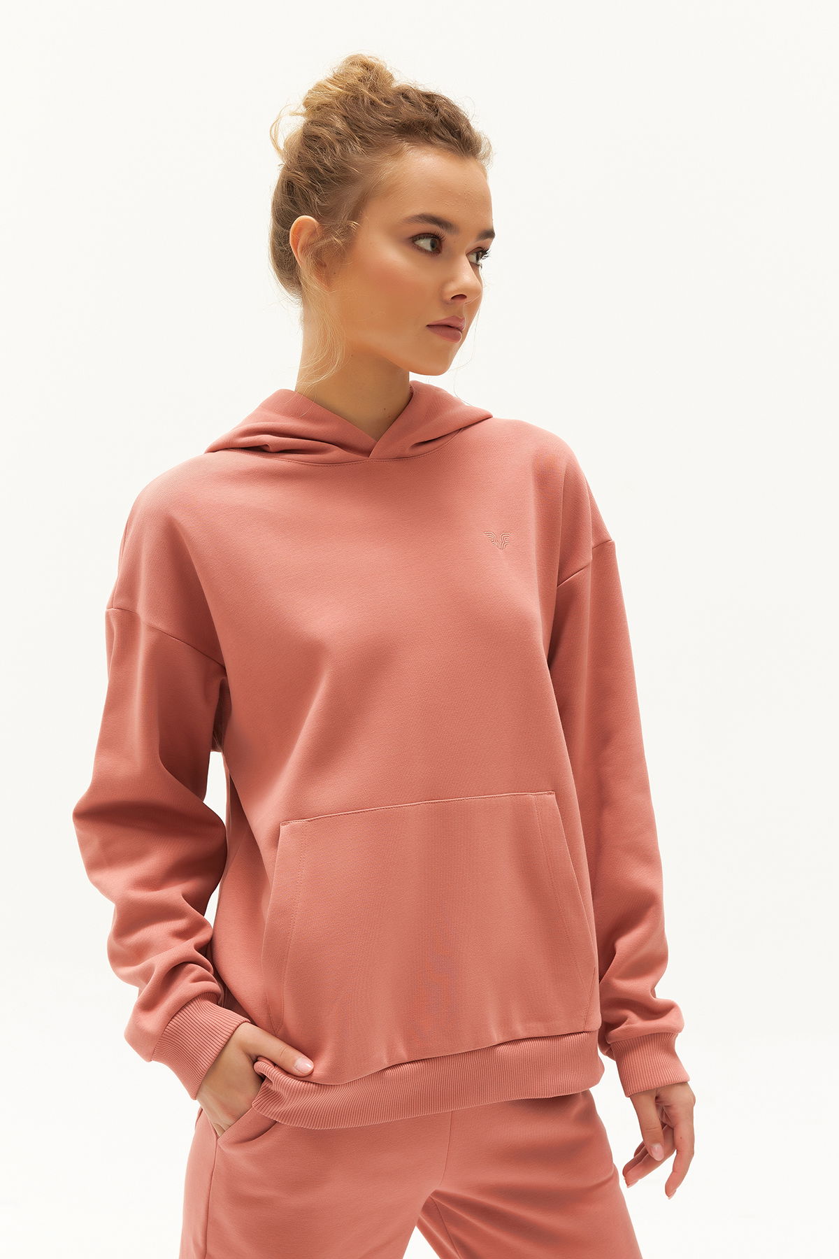 Kadın Pudra İçi Polarlı Kapüşonlu Kışlık Sweatshirt 0448 - BİLCEE (1)