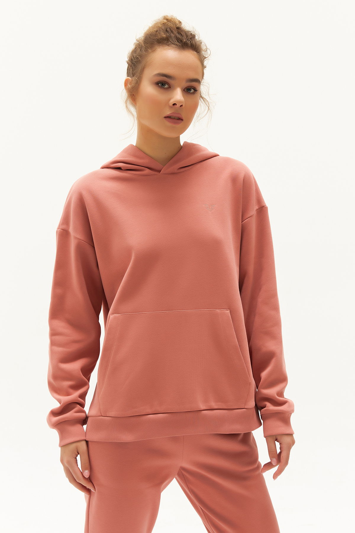 Kadın Pudra İçi Polarlı Kapüşonlu Kışlık Sweatshirt 0448 - BİLCEE