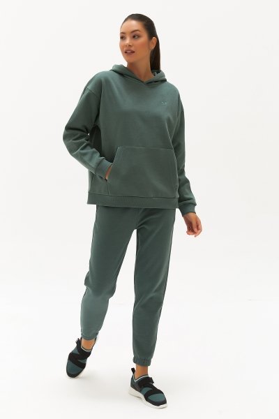 Kadın Yeşil İçi Polarlı Kapüşonlu Kışlık Sweatshirt 0448