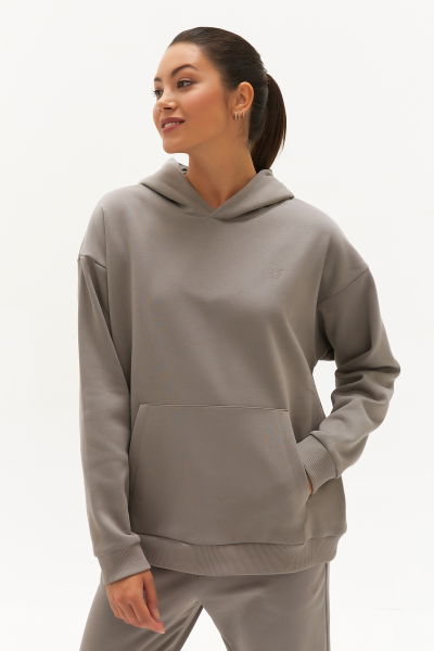 Kadın Koyu Bej İçi Polarlı Kapüşonlu Kışlık Sweatshirt 0448