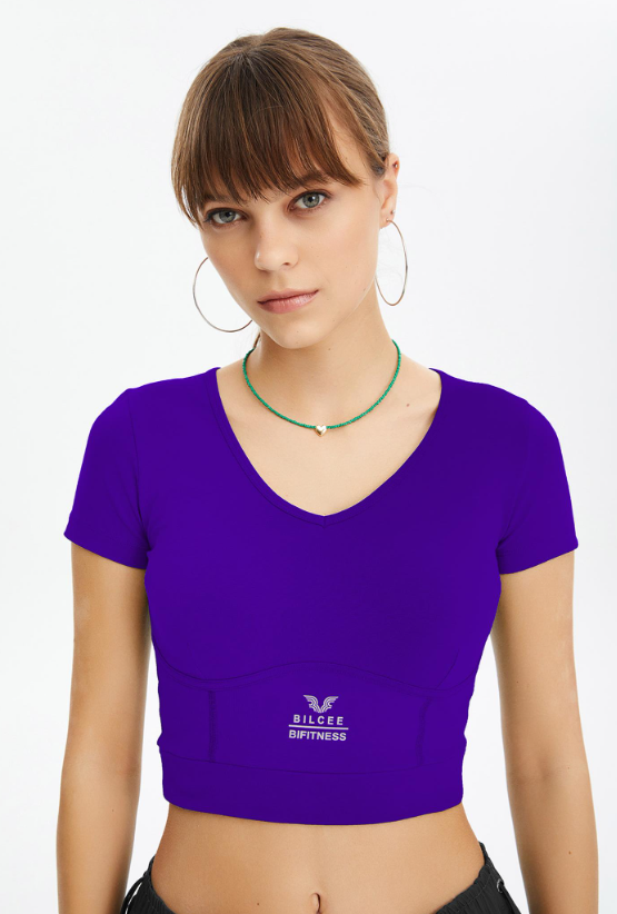 Kadın Ultraviolet Kısa Kollu Krop Boy Badi-Kısa Sporcu Tişört 1667 - 1