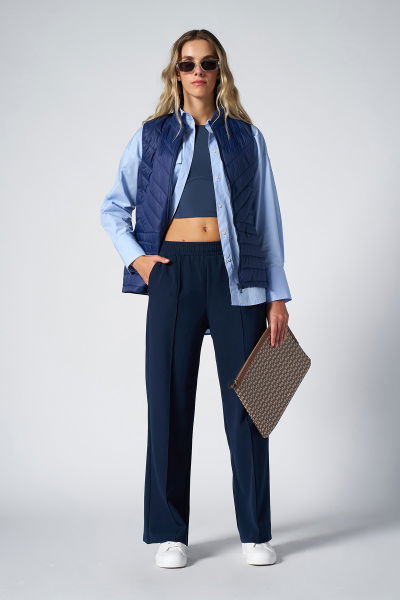 Kadın Lacivert Yüksek Bel Nervürlü Bol Kumaş Pantolon 4591 