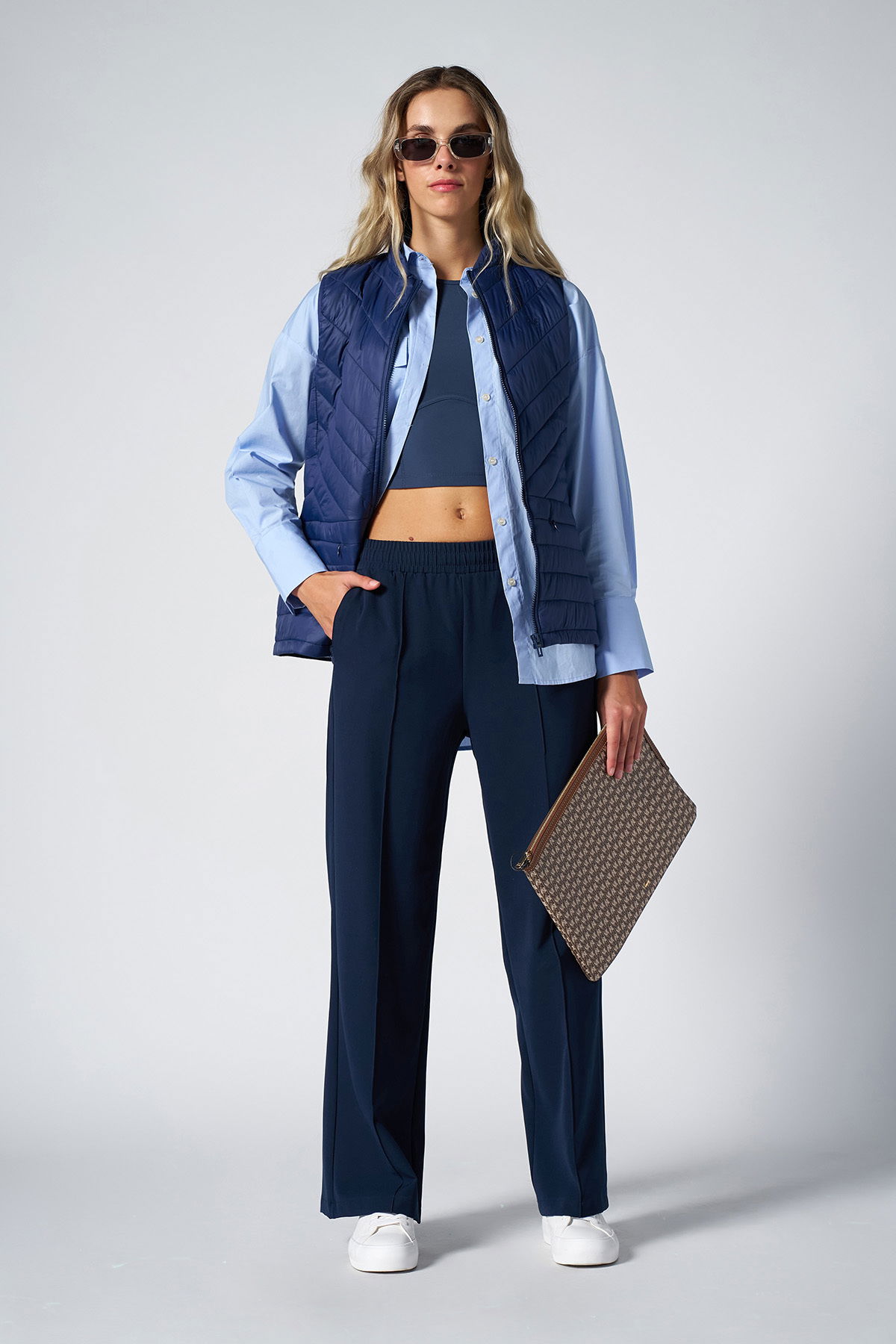 Kadın Lacivert Yüksek Bel Nervürlü Bol Kumaş Pantolon 4591 - BİLCEE