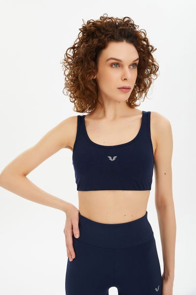 Kadın Lacivert Likralı Destekli Spor Crop Top Toparlayıcı Bra Sporcu Sütyeni Büstiyer 0819 