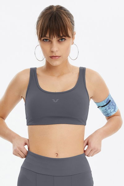 Kadın Gri Likralı Pedli Spor Crop Toparlayıcı Bra Sporcu Sütyeni Büstiyer 0819 