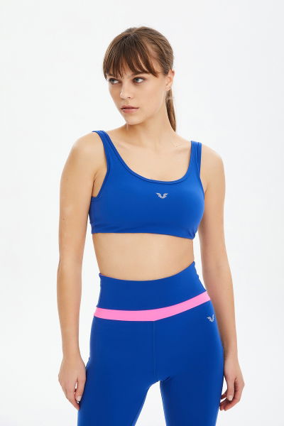 Kadın Saks Mavi Likralı Pedli Spor Crop Toparlayıcı Bra Sporcu Sütyeni Büstiyer 0819 