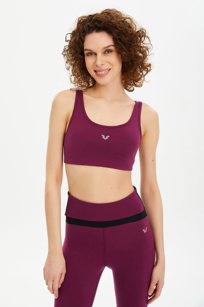 Kadın Mürdüm Likralı Destekli Spor Crop Top Toparlayıcı Bra Sporcu Sütyeni Büstiyer 0819 