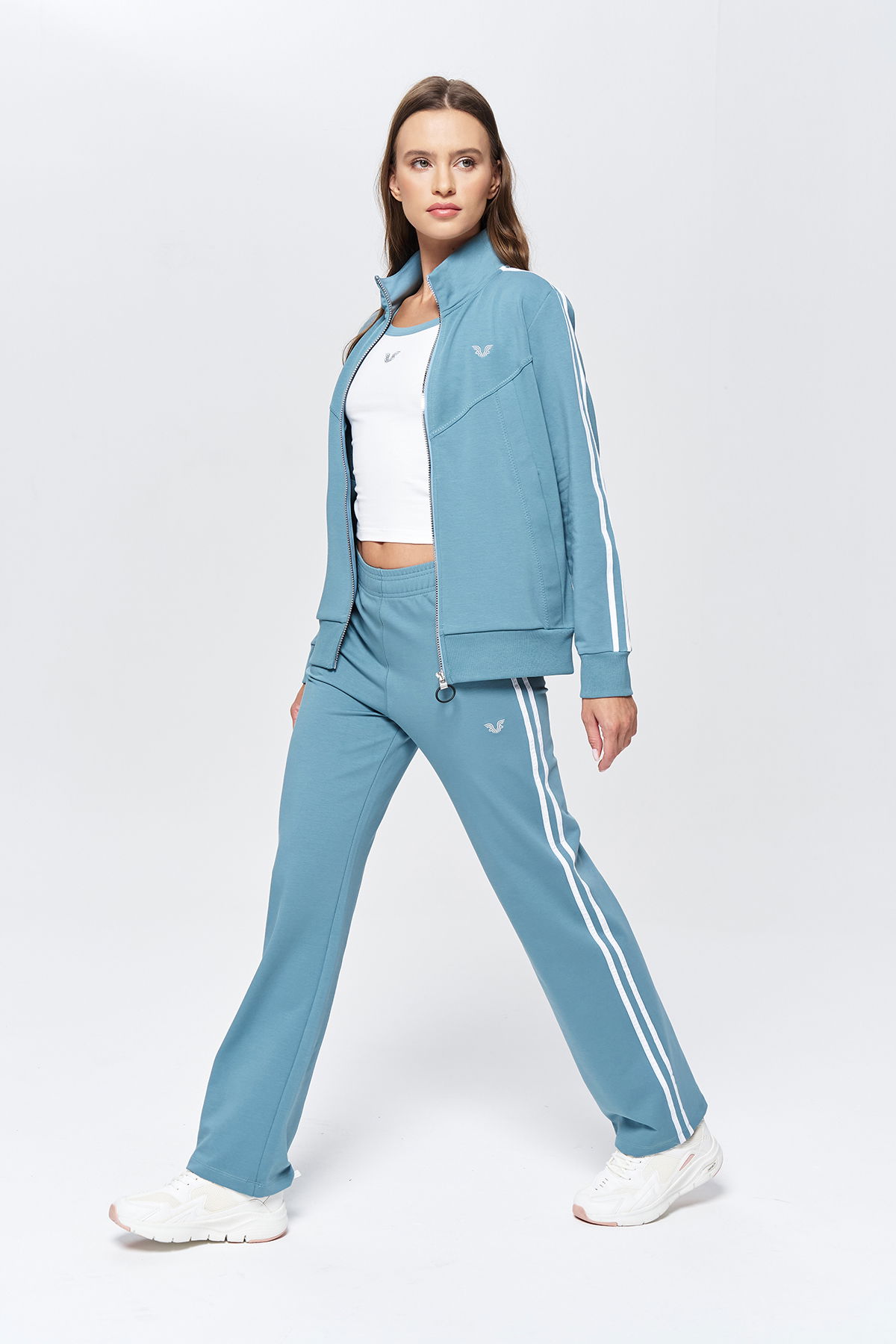 Kadın Mavi Dik Yakalı 3'lü Alt Üst Eşofman Takımı | 9907 - BİLCEE (1)