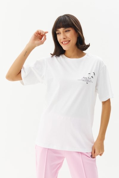 BİLCEE - Kadın Beyaz Oversize Baskılı Tişört 0243