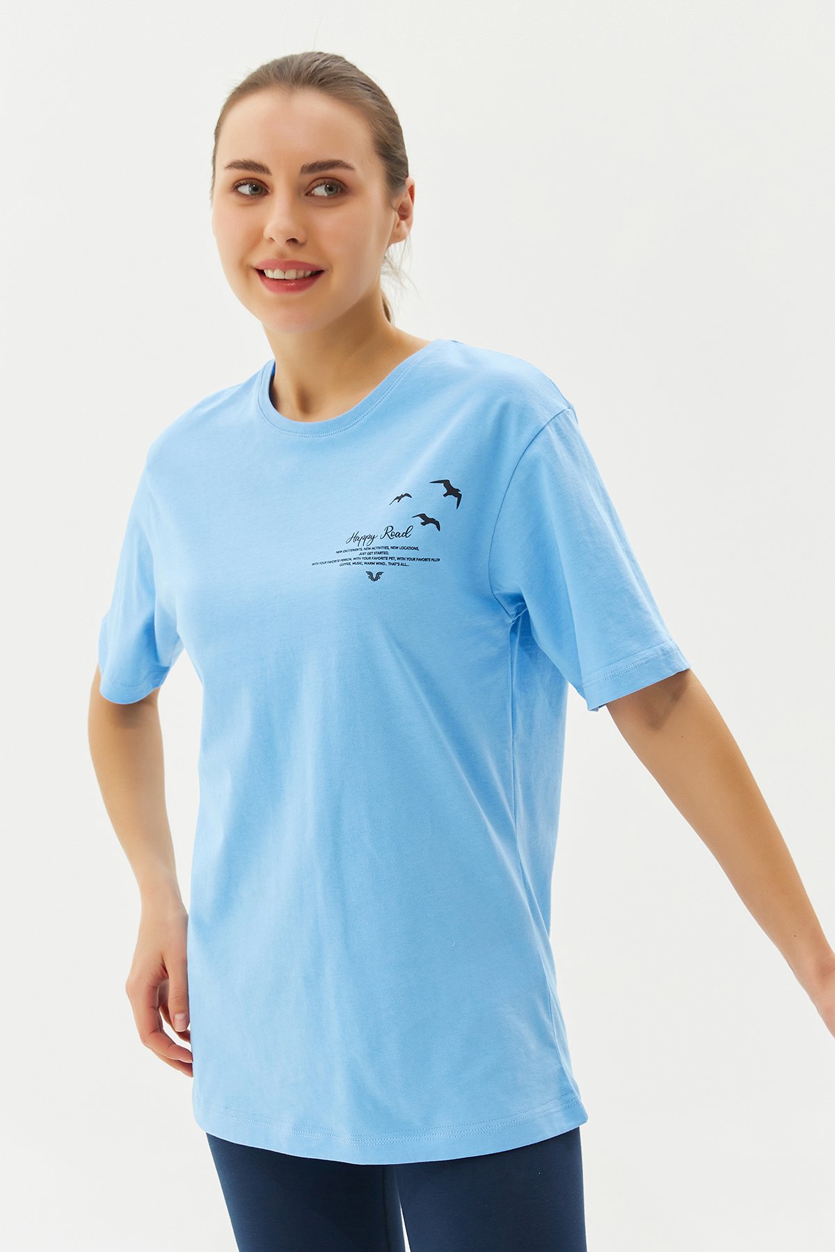 Kadın Mavi Oversize Baskılı Tişört 0243