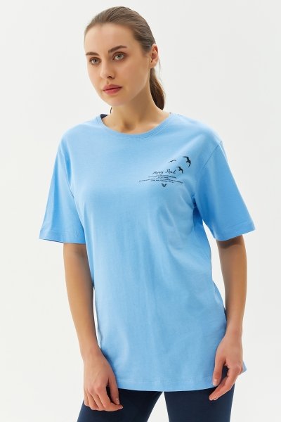 BİLCEE - Kadın Mavi Oversize Baskılı Tişört 0243 (1)
