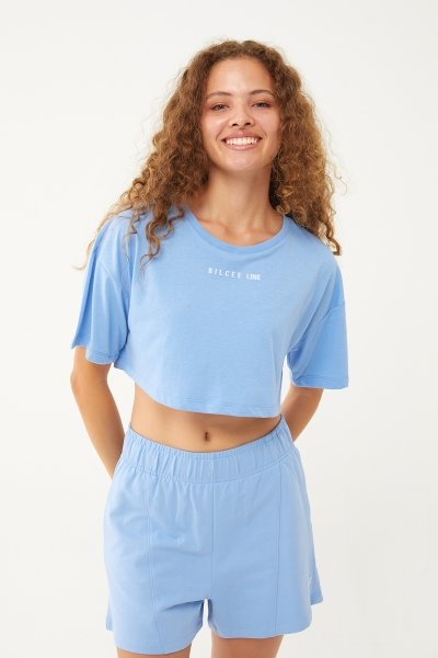 Kadın Koyu Mavi Organik Pamuklu Oversize Crop Kısa Kollu Spor Tişört 0763