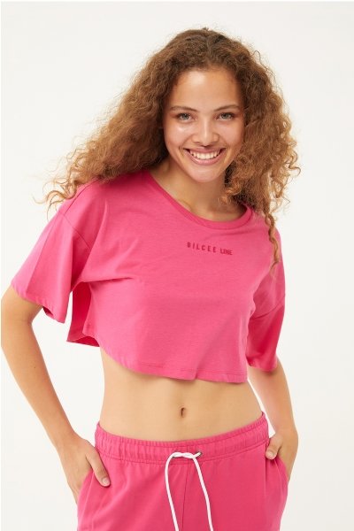 Kadın Fuşya Organik Pamuklu Oversize Crop Kısa Kollu Spor Tişört 0763 