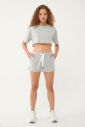Kadın Gri Melanj Organik Pamuklu Oversize Crop Kısa Kollu Spor Tişört | 0763 - 1