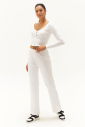 Kadın Beyaz Pamuk Crop Düğmeli Hırkalı Takım 0746 - 2