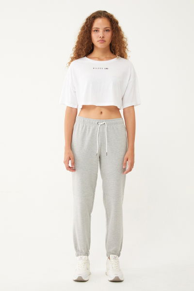 Kadın Gri Melanj Organik Pamuklu Bol Spor Eşofman Altı 0722 