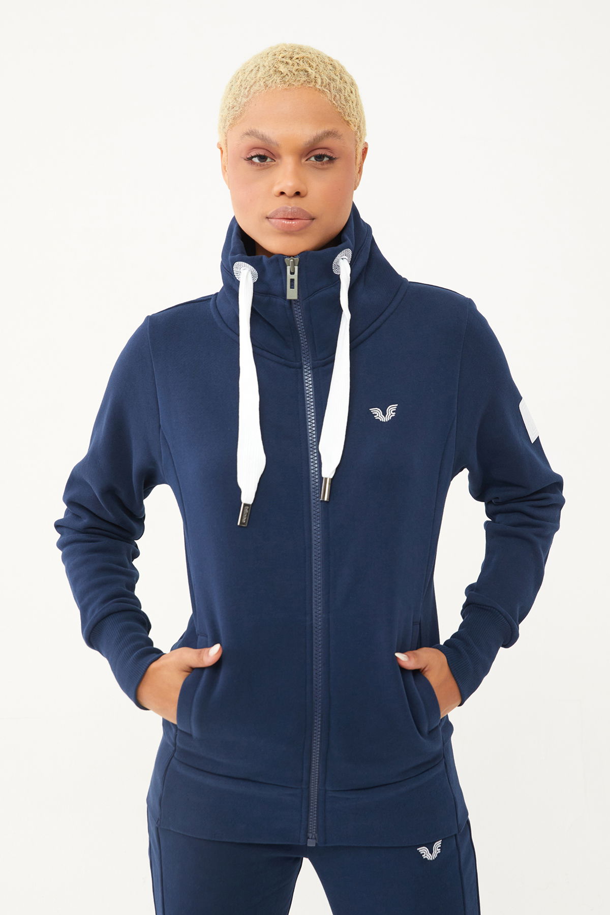 Kadın Lacivert Organik Pamuklu İçi Tüylü Dik Yaka Spor Eşofman Üstü | 0729 - BİLCEE