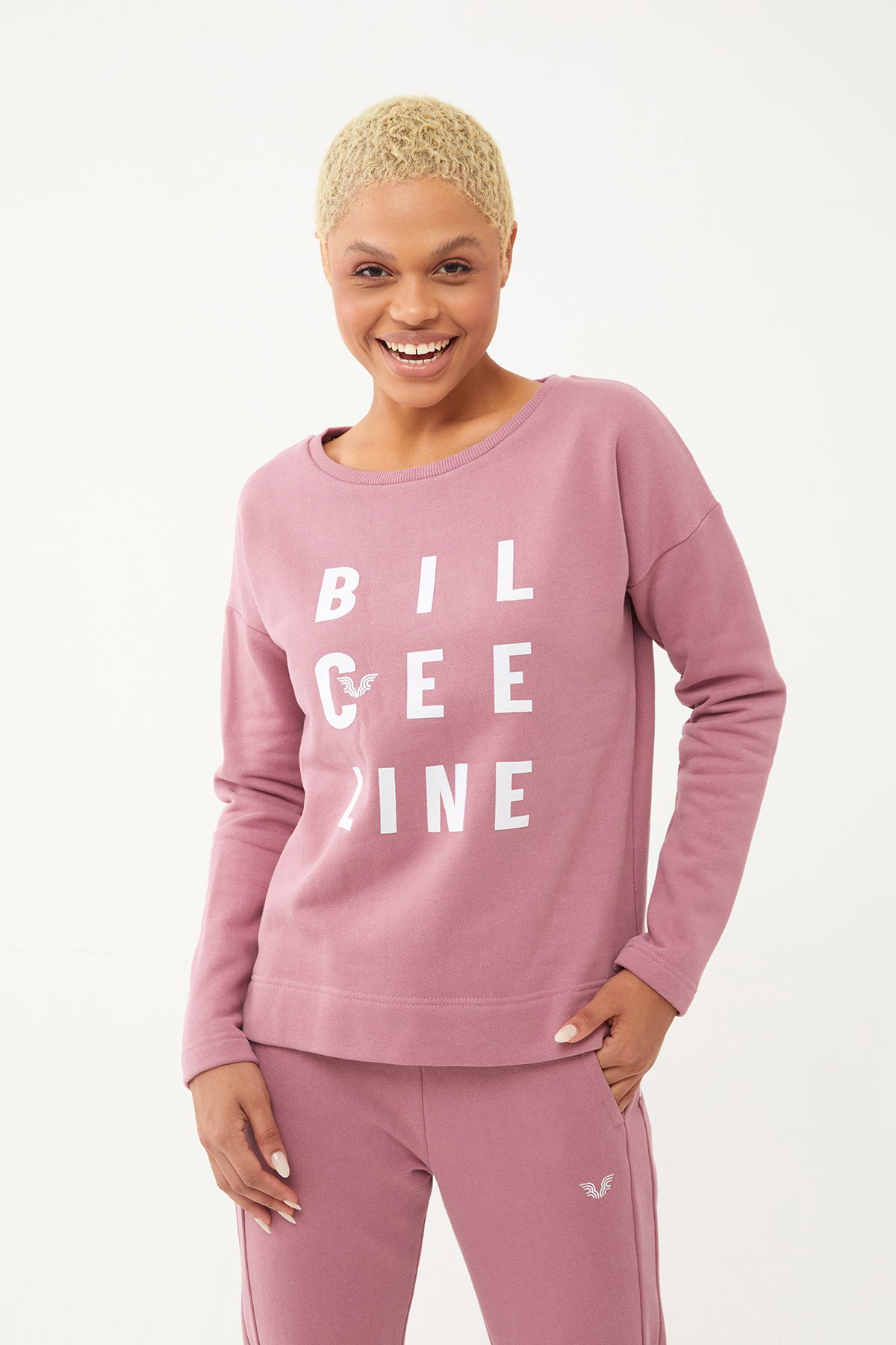 Kadın Pudra Organik Pamuklu İçi Tüylü Sweatshirt | 0719 - BİLCEE (1)