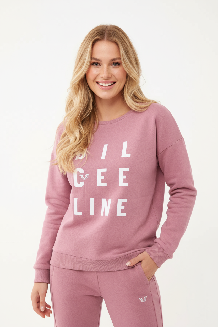 Kadın Pudra Organik Pamuklu İçi Tüylü Sweatshirt | 0719 - BİLCEE