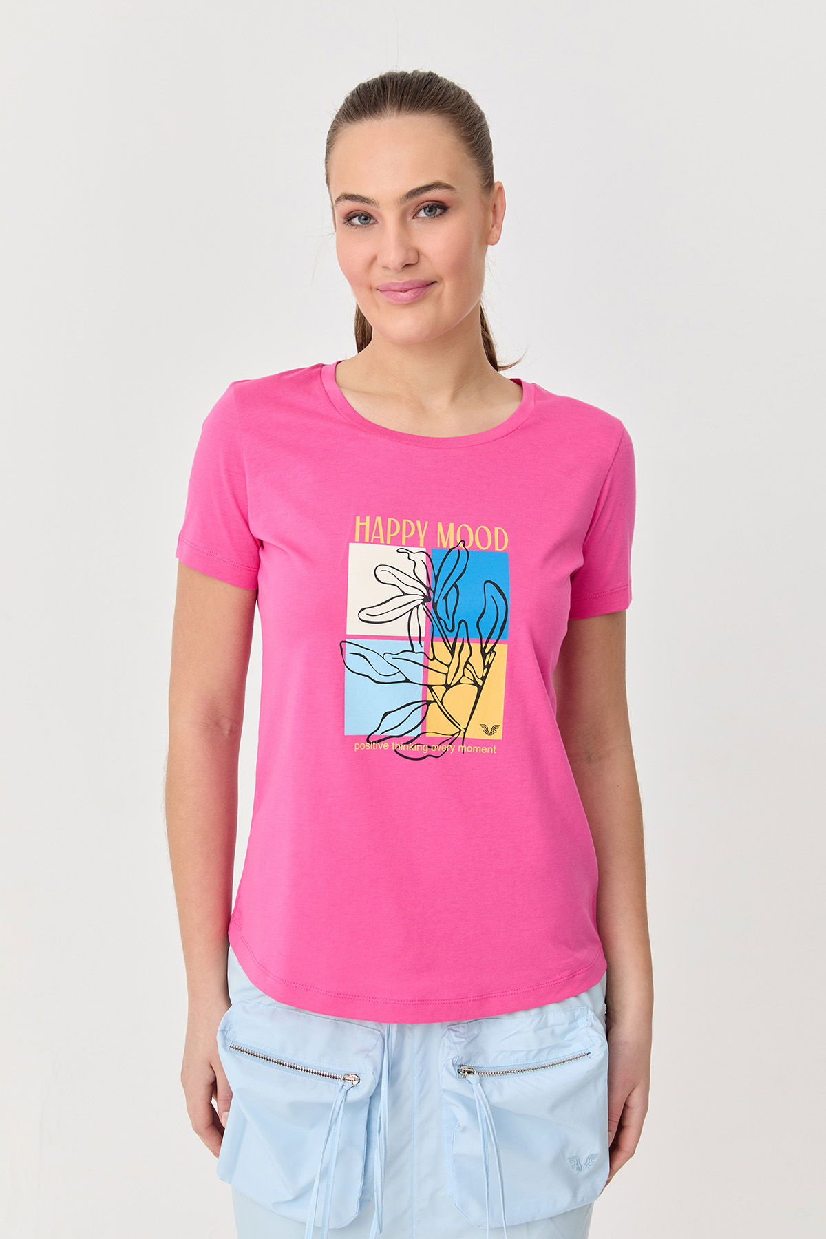 Kadın Fuşya Pamuklu Baskılı Bisiklet Yaka Tişört | 9749 - BİLCEE (1)