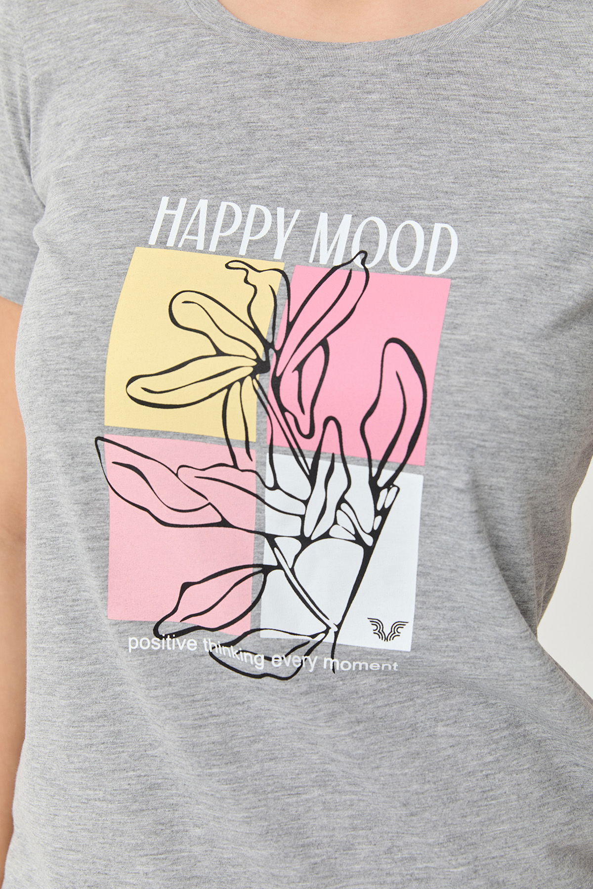 Kadın Gri Pamuklu Baskılı Bisiklet Yaka Tişört | 9749 - BİLCEE (1)