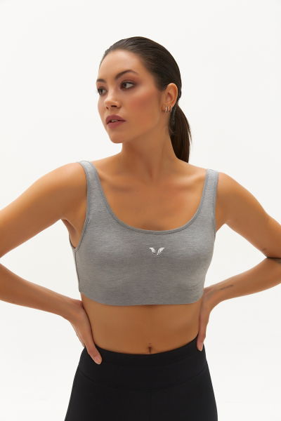 Kadın Gri Organik Pamuklu Destekli Spor ve Günlük Crop Top Bra Sporcu Sütyeni 0148 