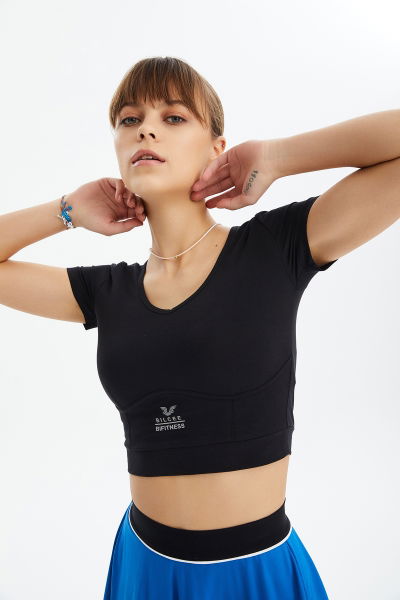 Kadın Siyah Pamuklu Kısa Kollu Crop Boy Badi-Kısa Sporcu Tişört 0601