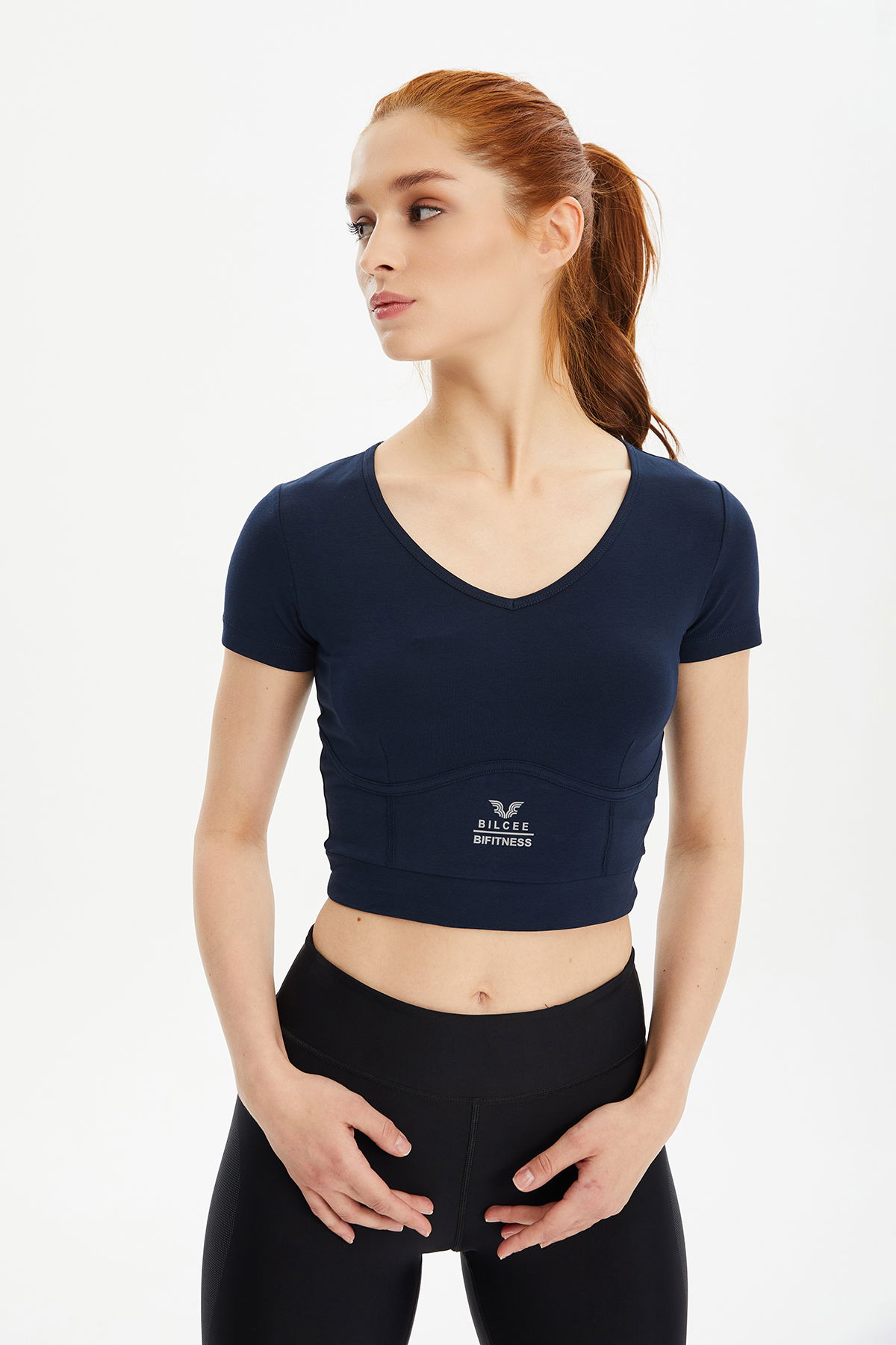 Kadın Lacivert Pamuklu Kısa Kollu Crop Boy Body-Kısa Sporcu Tişört | 0601 - BİLCEE (1)