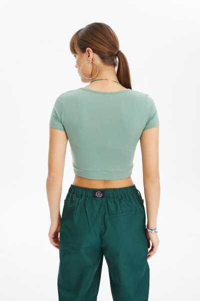 Kadın Yeşil Pamuklu Kısa Kollu Crop Boy Badi-Kısa Sporcu Tişört 0601