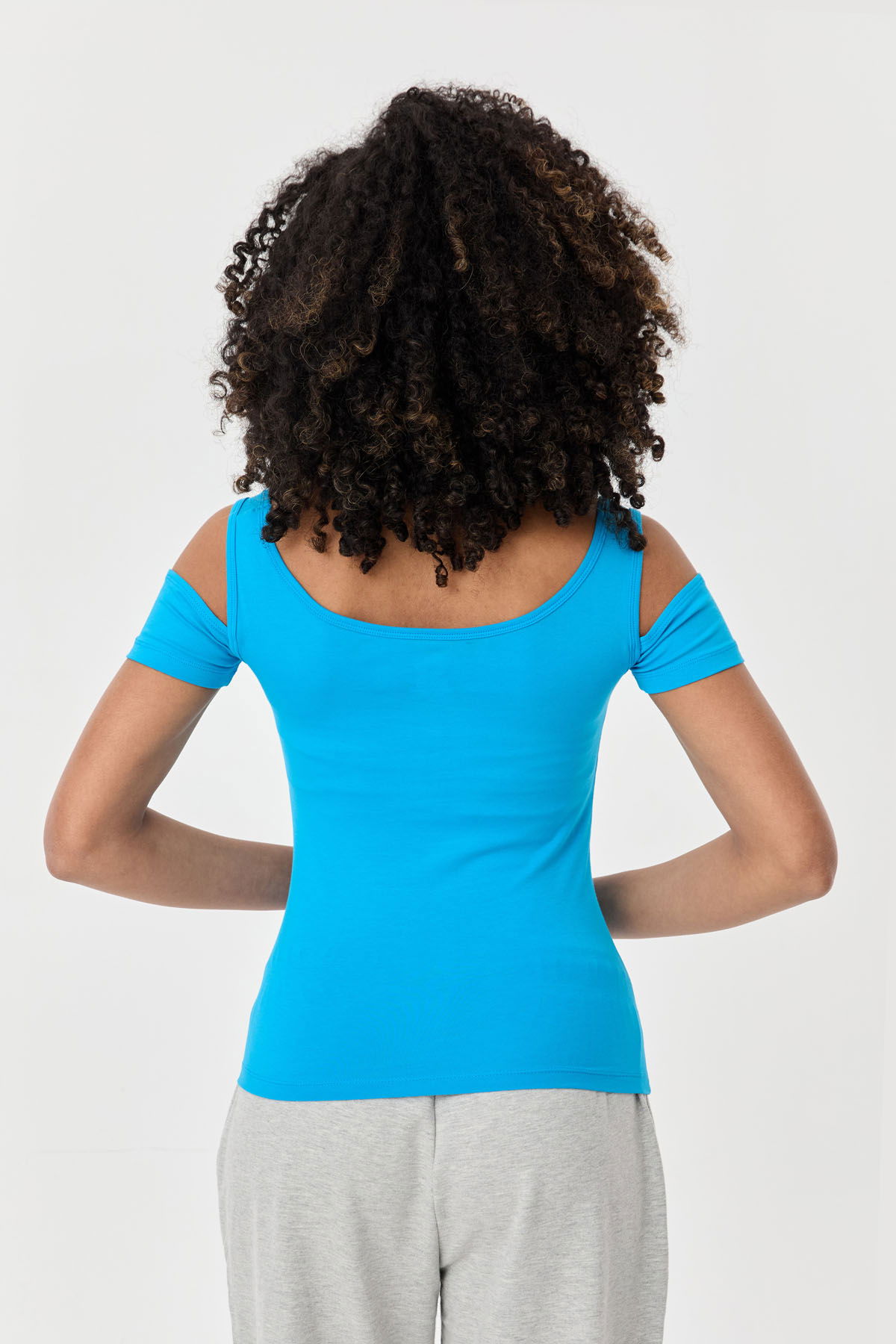 Kadın Mavi Pamuklu Likralı Omuz Detaylı Atlet Tişört | 9735 - BİLCEE (1)