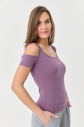 Kadın Lila Pamuklu Likralı Omuz Detaylı Atlet Tişört | 9735 - 5
