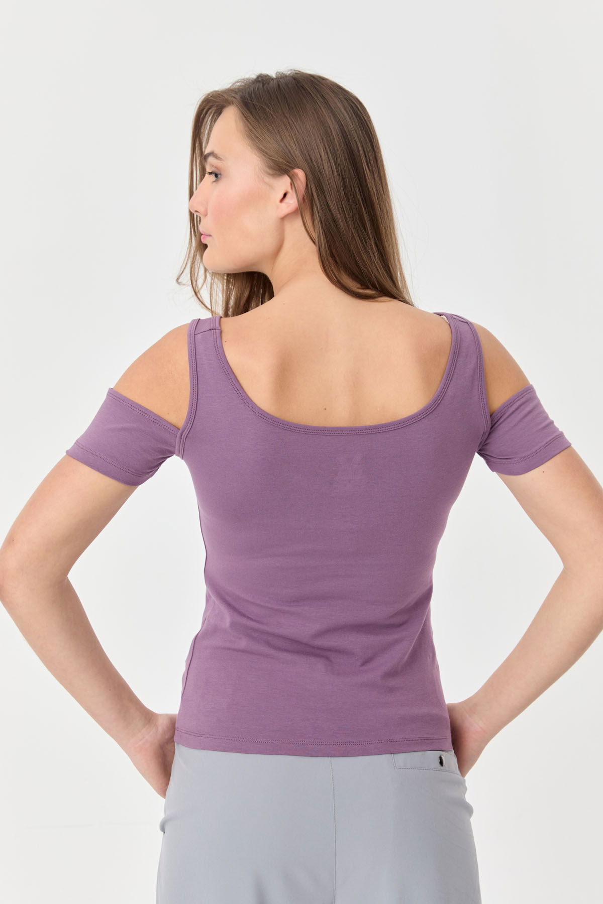 Kadın Lila Pamuklu Likralı Omuz Detaylı Atlet Tişört | 9735 - BİLCEE (1)