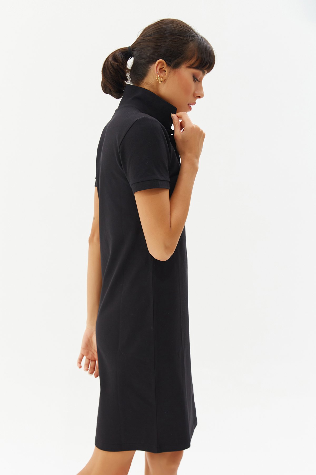 Kadın Siyah Pamuklu Polo Yaka Basic Kısa Kollu Yazlık Uzun Boy Günlük ve Spor Elbise 0127