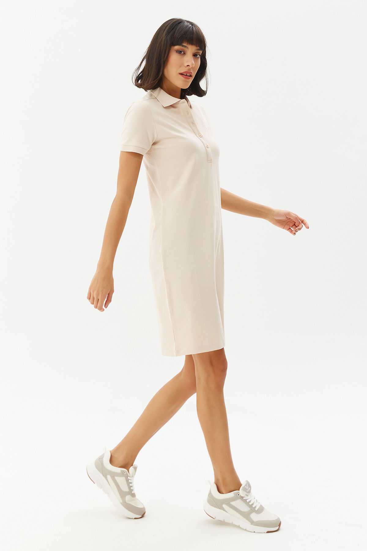 Kadın Krem Pamuklu Polo Yaka Basic Kısa Kollu Yazlık Uzun Boy Günlük ve Spor Elbise | 0127 - BİLCEE (1)