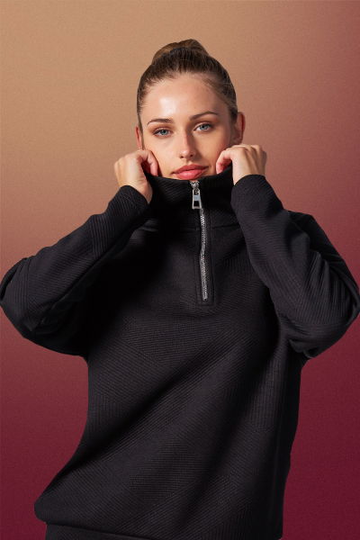 Kadın Siyah Fashion Yarım Fermuarlı Sweatshırt |4561 