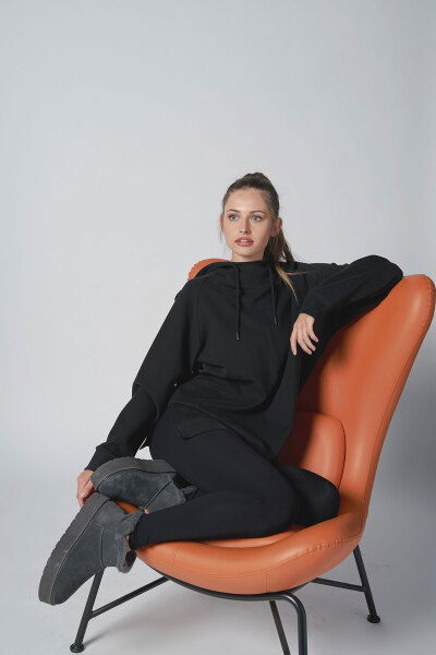  Kadın Siyah Fırçalı Yumuşak Dokulu Kapişonlu Uzun Boy Owersize Sweatshırt |4785 