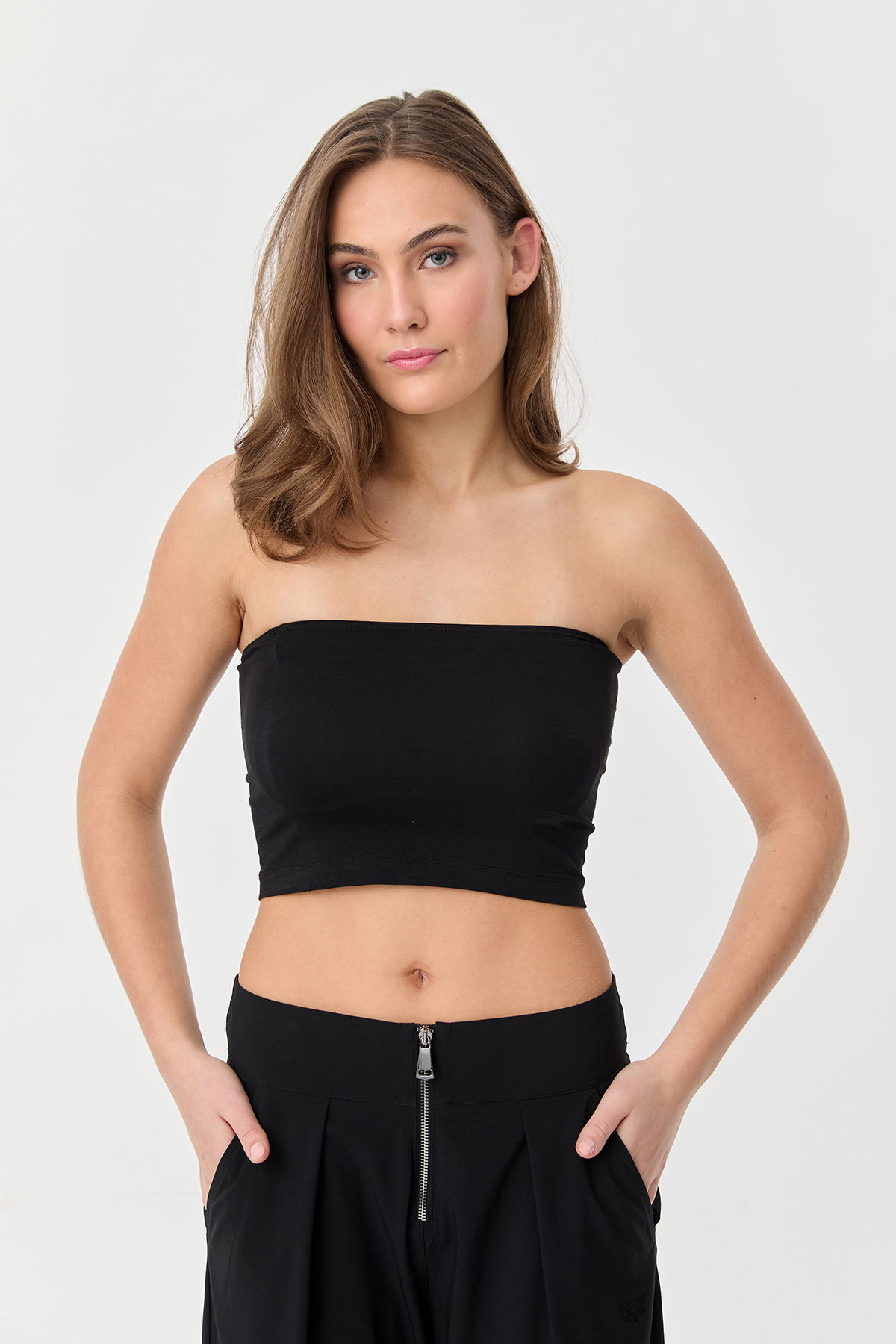 Kadın Siyah Straplez Düz Crop 9770 - BİLCEE