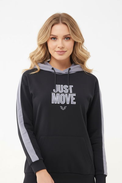 Kadın Siyah Kapüşonlu İpli Sweatshirt Takım | 1663 