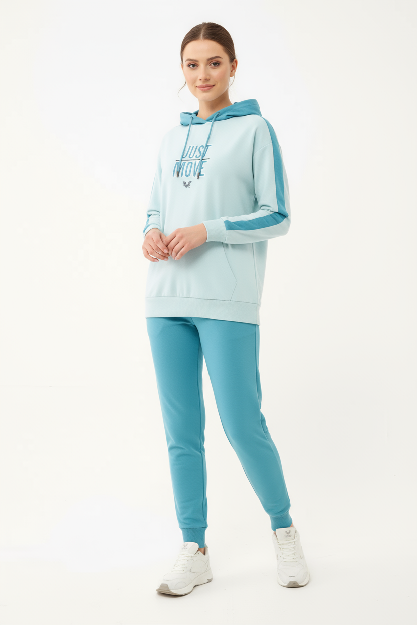 Kadın Nil Yeşili Kapüşonlu İpli Sweatshirt Takım | 1663 - BİLCEE