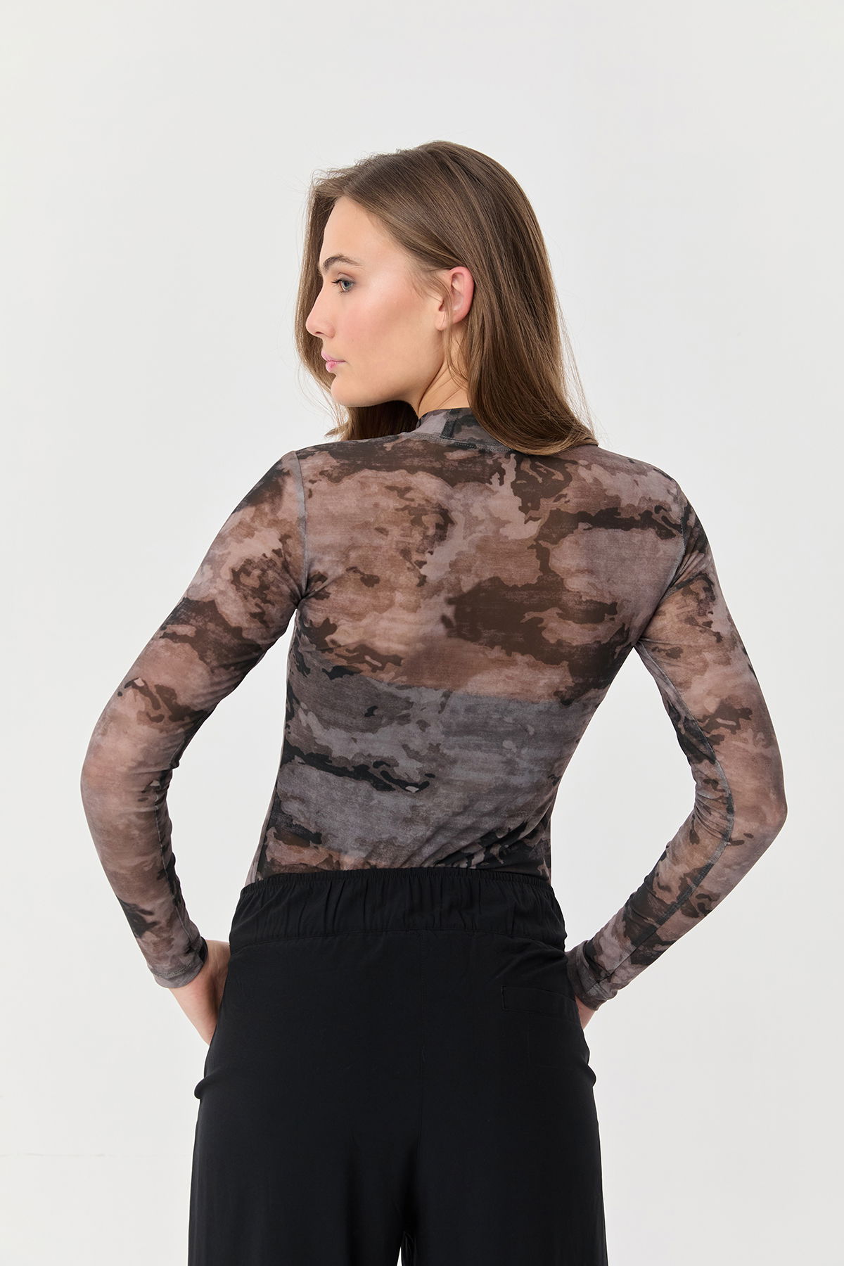 Kadın Bej Kamuflaj Transparan Dijital Baskılı Body | 9767 - BİLCEE (1)