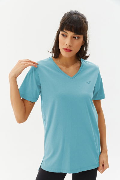 Kadın Mavi V Yaka Basıc Kısa Kol Tişört 0101 