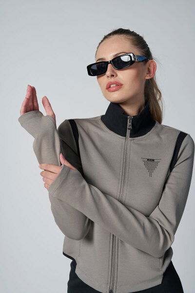  Kadın Vizon Crop Ceketli Palazzo Pantolonlu Eşofman Takım| 4560 