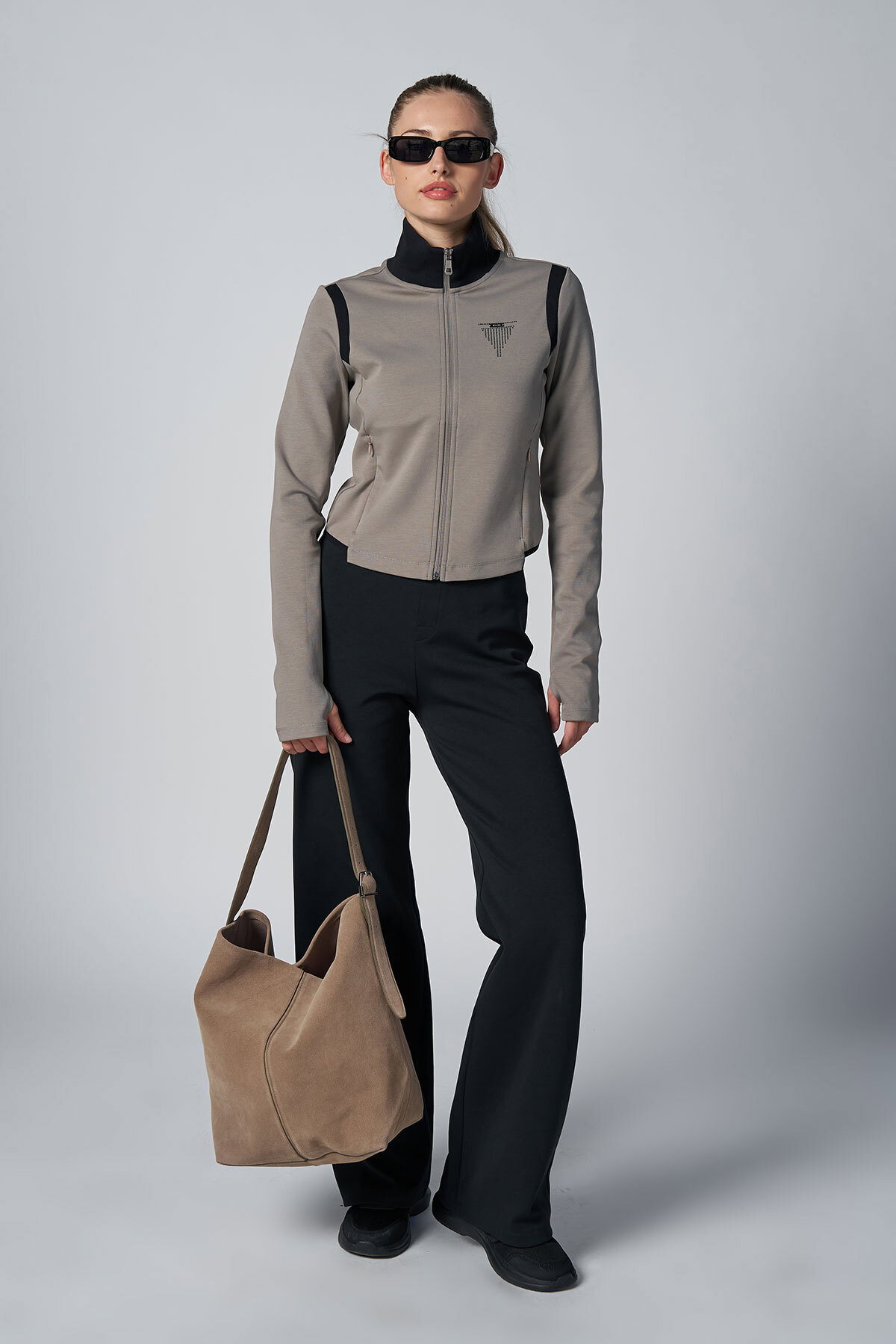  Kadın Vizon Crop Ceketli Palazzo Pantolonlu Eşofman Takım| 4560 - BİLCEE (1)