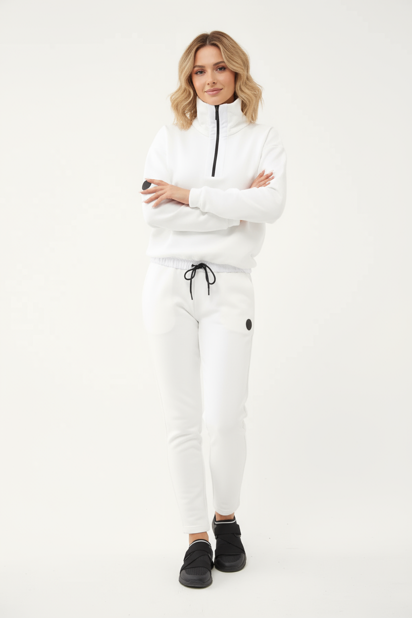 Kadın Beyaz Düz Paça, Dik Yaka Yarım Fermuarlı Sweatshirt Takım | 1632 - BİLCEE