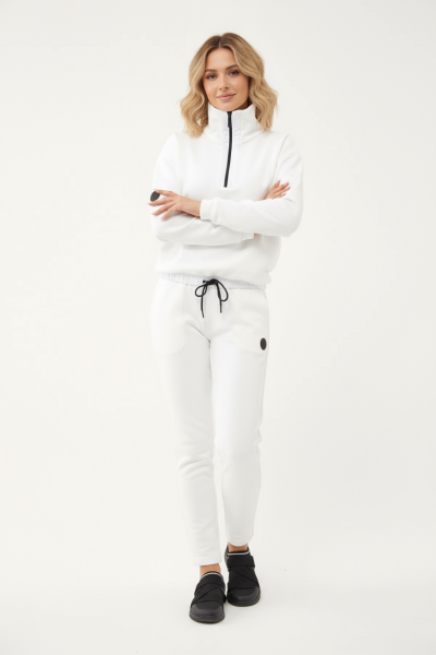 Kadın Beyaz Düz Paça, Dik Yaka Yarım Fermuarlı Sweatshirt Takım | 1632 