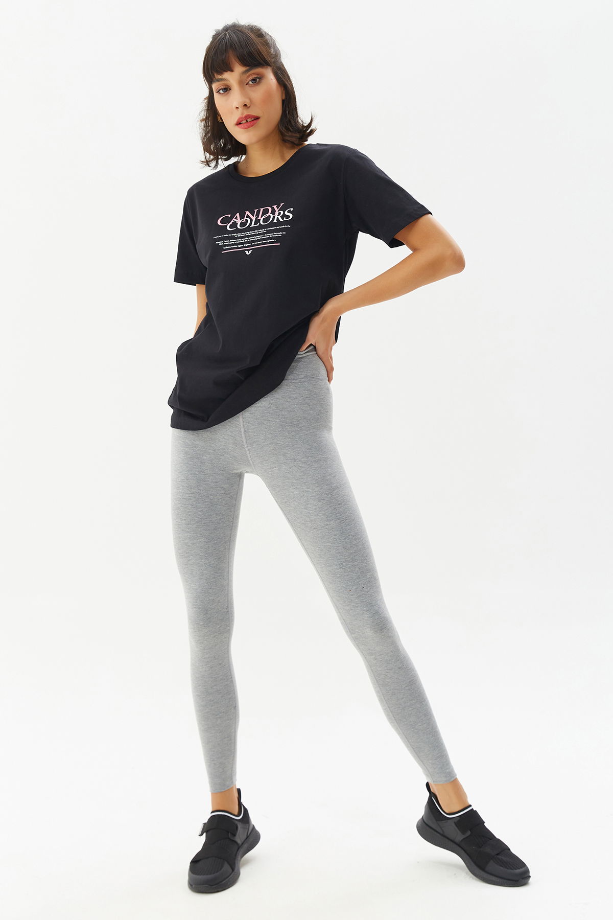 Kadın Gri Melanj Organik Pamuklu Yüksek Bel Basic Esnek ve Spor Tayt 0108 - BİLCEE (1)